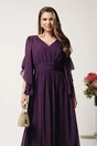 Rochie lunga mov in clos din voal cu decolteu- Moze, 3, dyfashion.ro