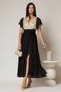 Rochie lunga neagra cu auriu de ocazie cu broderie la bust si detaliu in talie, 1, dyfashion.ro