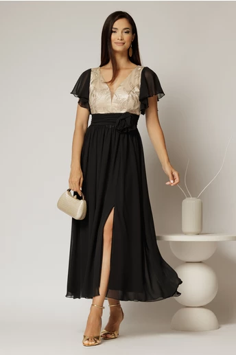 Rochie lunga neagra cu auriu de ocazie cu broderie la bust si detaliu in talie