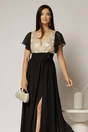 Rochie lunga neagra cu auriu de ocazie cu broderie la bust si detaliu in talie, 3, dyfashion.ro