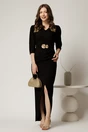 Rochie lunga neagra de ocazie cu fronseuri si cordon cu catarama in talie, 1, dyfashion.ro
