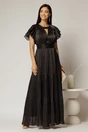 Rochie lunga neagra de ocazie din voal peliculizat cu decupaj si impletitura la decolteu, 1, dyfashion.ro