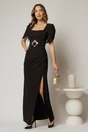 Rochie lunga neagra de seara cu decolteu patrat si maneci scurte, 1, dyfashion.ro