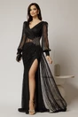 Rochie lunga neagra de seara din dantela cu aplicatii pe talie, 1, dyfashion.ro