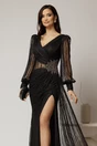Rochie lunga neagra de seara din dantela cu aplicatii pe talie, 3, dyfashion.ro