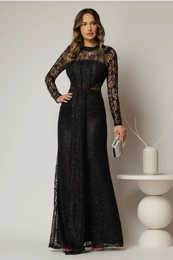 Rochie lunga neagra de seara din dantela cu crepeu pe fusta