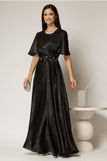 Rochie lunga neagra de seara din voal  cu accesoriu in talie