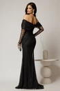 Rochie lunga neagra de seara tip sirena din dantela si decolteu accesorizat, 2, dyfashion.ro