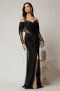 Rochie lunga neagra de seara tip sirena din dantela si decolteu accesorizat, 1, dyfashion.ro