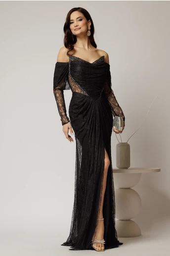 Rochie lunga neagra de seara tip sirena din dantela si decolteu accesorizat
