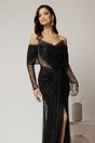 Rochie lunga neagra de seara tip sirena din dantela si decolteu accesorizat, 3, dyfashion.ro