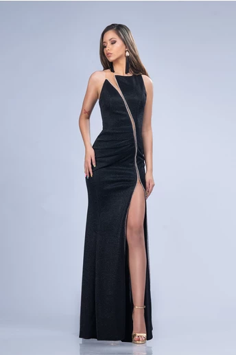 Rochie lunga neagra din lurex cu strasuri si crapatura maxi