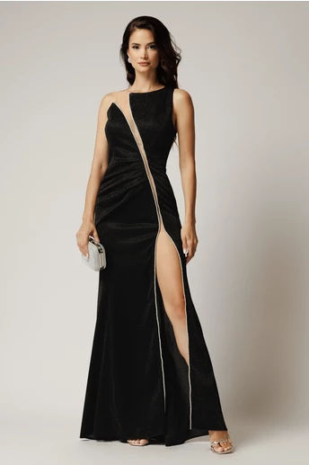 Rochie lunga neagra din lurex cu strasuri si crapatura maxi