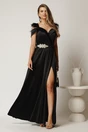 Rochie lunga neagra din tafta cu accesoriu in talie si pene la umeri, 1, dyfashion.ro