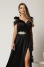 Rochie lunga neagra din tafta cu accesoriu in talie si pene la umeri, 2, dyfashion.ro