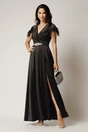 Rochie lunga neagra din tafta cu pene la umeri si strasuri pe talie, 1, dyfashion.ro