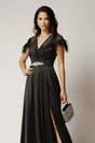 Rochie lunga neagra din tafta cu pene la umeri si strasuri pe talie, 3, dyfashion.ro