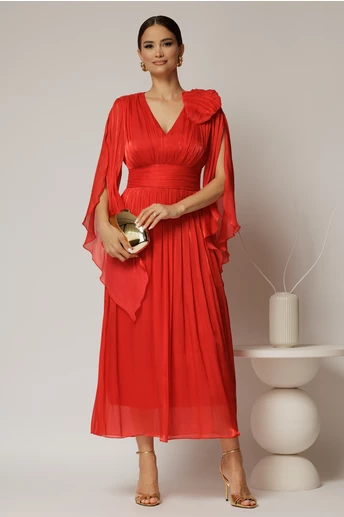 Rochie lunga rosie de seara din voal peliculizat