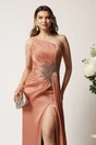 Rochie lunga roz coniac din voal plisat cu strasuri pe talie, 3, dyfashion.ro