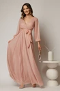 Rochie lunga roz cu glitter cu decolteu petrecut si cordon in talie, 1, dyfashion.ro