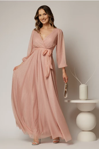 Rochie lunga roz cu glitter cu decolteu petrecut si cordon in talie