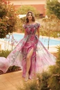 Rochie lunga roz cu gri din voal cu flori maxi la decolteu si trena, 4, dyfashion.ro