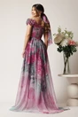 Rochie lunga roz cu gri din voal cu flori maxi la decolteu si trena, 2, dyfashion.ro