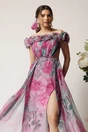 Rochie lunga roz cu gri din voal cu flori maxi la decolteu si trena, 3, dyfashion.ro