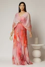 Rochie lunga roz cu imprimeuri corai din tull plisat, 1, dyfashion.ro