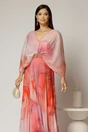 Rochie lunga roz cu imprimeuri corai din tull plisat, 3, dyfashion.ro