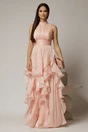 Rochie lunga roz de seara cu volanase din voal peliculizat, 1, dyfashion.ro
