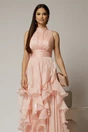 Rochie lunga roz de seara cu volanase din voal peliculizat, 3, dyfashion.ro