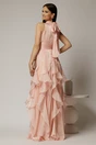 Rochie lunga roz de seara cu volanase din voal peliculizat, 2, dyfashion.ro