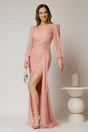 Rochie lunga roz de seara din dantela cu aplicatii pe talie, 1, dyfashion.ro