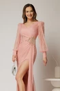 Rochie lunga roz de seara din dantela cu aplicatii pe talie, 2, dyfashion.ro
