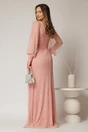 Rochie lunga roz de seara din dantela cu aplicatii pe talie, 3, dyfashion.ro