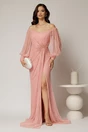 Rochie lunga roz de seara din dantela cu strassuri pe talie si decolteu, 1, dyfashion.ro