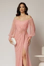 Rochie lunga roz de seara din dantela cu strassuri pe talie si decolteu, 3, dyfashion.ro