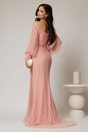 Rochie lunga roz de seara din dantela cu strassuri pe talie si decolteu, 2, dyfashion.ro