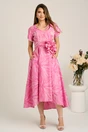 Rochie lunga roz din brocard in clos cu imprimeu si floare maxi detasabila- LaDonna, 1, dyfashion.ro