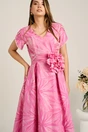 Rochie lunga roz din brocard in clos cu imprimeu si floare maxi detasabila- LaDonna, 4, dyfashion.ro