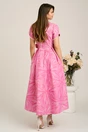 Rochie lunga roz din brocard in clos cu imprimeu si floare maxi detasabila- LaDonna, 2, dyfashion.ro