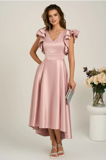 Rochie lunga roz din tafta subtire in clos cu volanase la bust