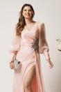 Rochie lunga roz din voal plisat cu strasuri in talie, 3, dyfashion.ro