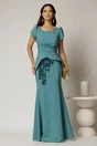 Rochie lunga turcoaz de ocazie cu croi sirena si aplicatii florale sub peplum, 1, dyfashion.ro