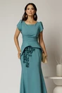 Rochie lunga turcoaz de ocazie cu croi sirena si aplicatii florale sub peplum, 3, dyfashion.ro