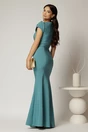 Rochie lunga turcoaz de ocazie cu croi sirena si aplicatii florale sub peplum, 2, dyfashion.ro