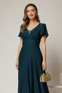 Rochie lunga turcoaz de ocazie cu decolteu adanc si maneci scurte evazate, 3, dyfashion.ro