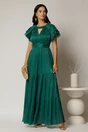 Rochie lunga verde de ocazie din voal peliculizat cu decupaj si impletitura la decolteu, 1, dyfashion.ro