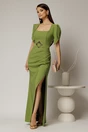Rochie lunga verde de seara cu decolteu patrat si maneci scurte, 1, dyfashion.ro